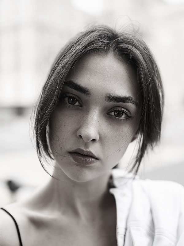 A close-up portrait · Silver Mono